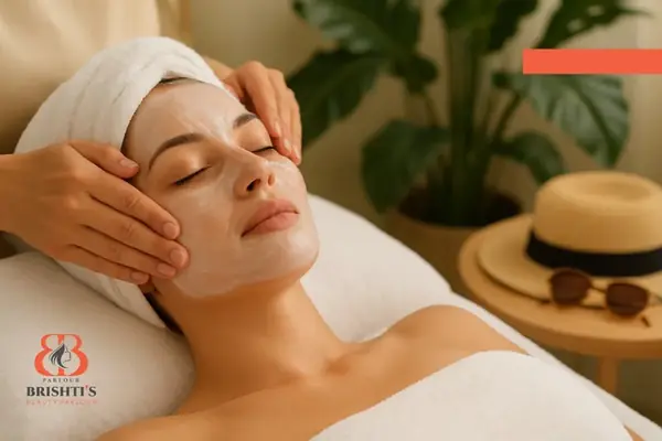 Woman enjoying a hydrating facial treatment after summer